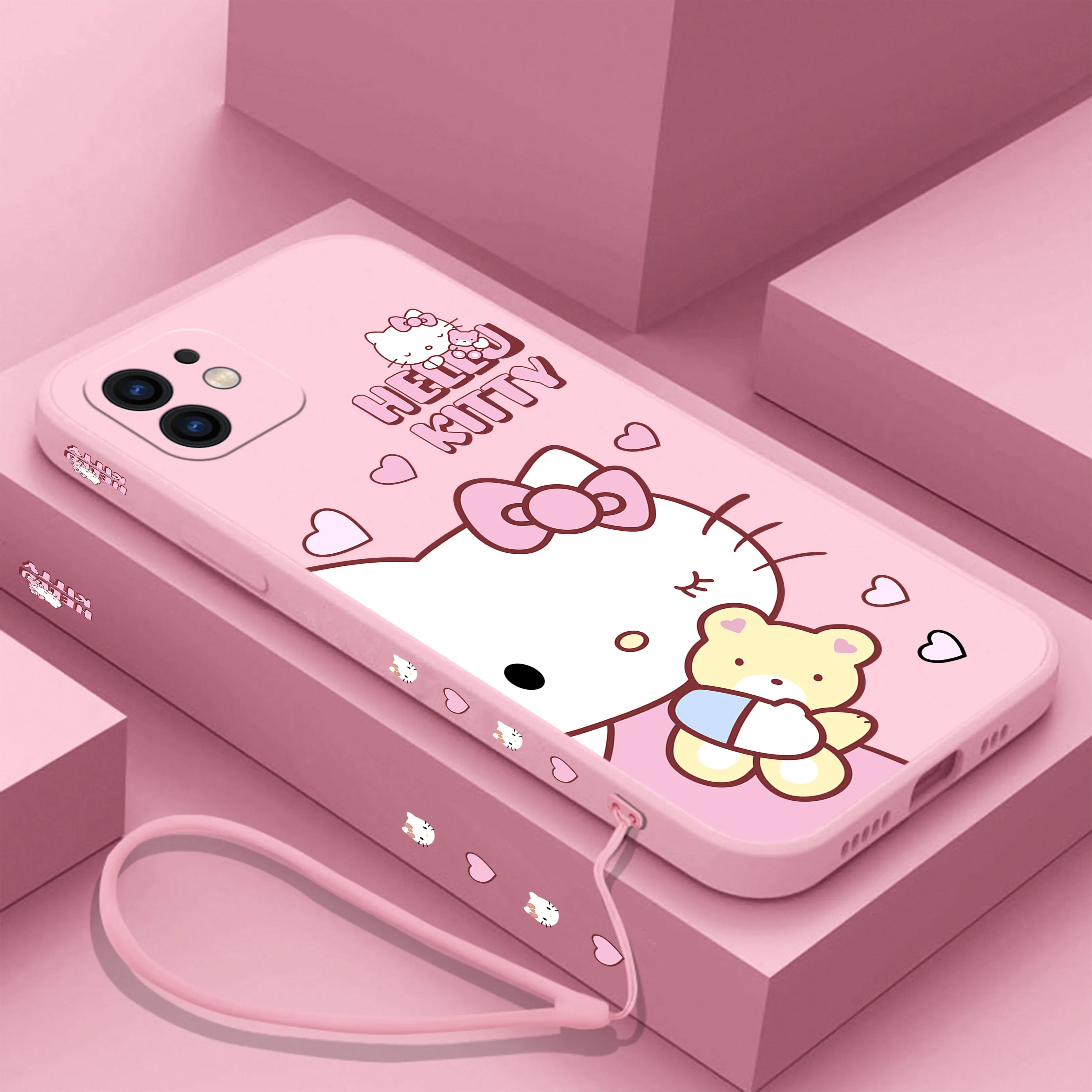 thumbnail image 1 of Sanrio-funda de teléfono de Hello Kitty para iPhone, carcasa divertida de silicona con correa de mano para iPhone 15 14 13 12 11 Pro Max Mini X XR XS MAX SE20 8 7 Plus, 1 of 4