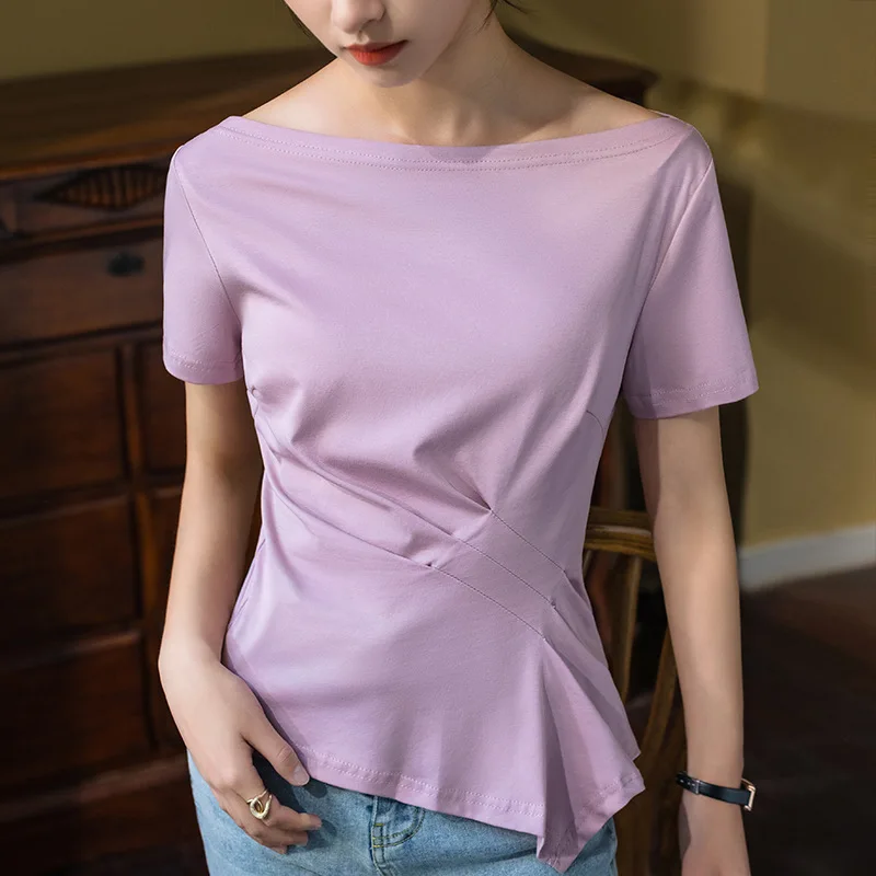 

HIgh Quality 2024 Women Tops irregularity Spring Summer T- Shirt Female Grace Clothing Sexy Crop Top Clothes Wrinkle Blouse Y2k