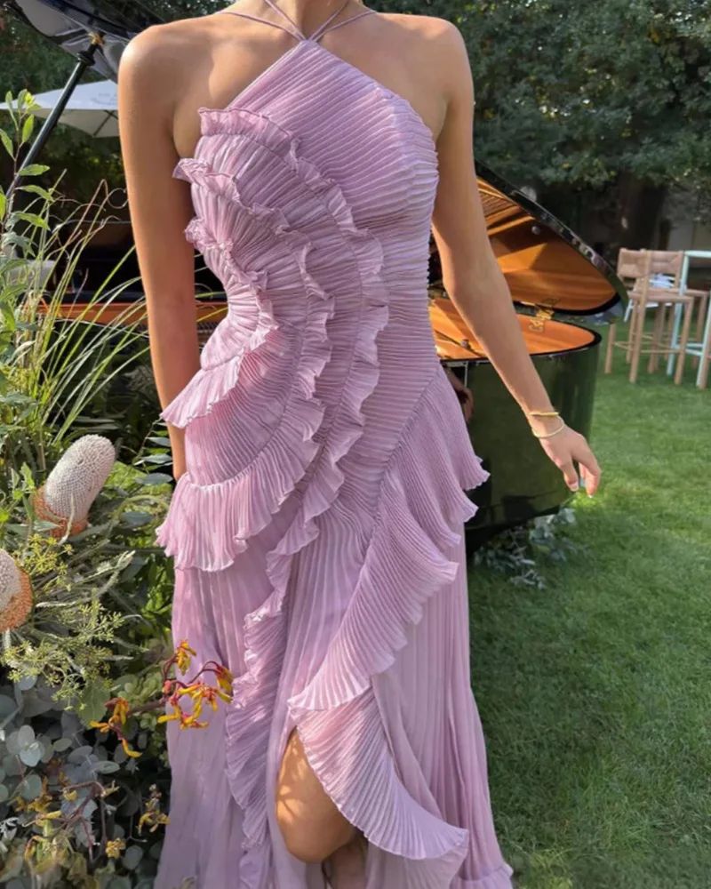 QMQA فساتين نسائية عصرية مكشكشة بدون حمالات بدون ظ...