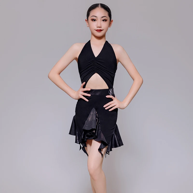 

2023 New Latin Dance Competition Clothing For Girls Black Backless Tops Skirts Practice Clothes Chacha Rumba Latin Wear DQS13684