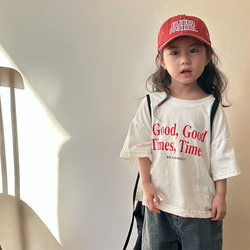 2024 Summer Fashion Loose Girl Children Letter Print T-shirt Boy Baby Cotton Short Sleeve Tees Kid Casual Tops Toddler Clothes 5
