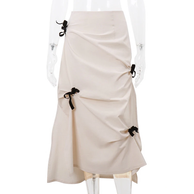 y2k Skirts Women Aesthetic Clothes Solid Color High Waist Split Midi Skirts with Bow Decor 2000s Skirts Streetwear