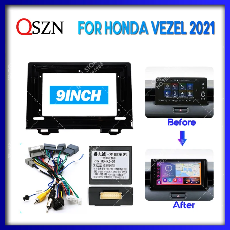 QSZN 혼다 베젤 2021 UV 블랙 자동차 프레임 근막 어댑터 디코더 캔버스 박스 케이블, 자동차 라디오 대시 헤드 유닛 패널 키트, 9 인치