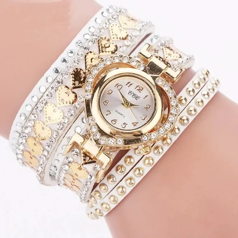 Long Strap Leather Watch Women Vintage Rhinestone Dress Watch Ladies Heart Dial Shiny Bracelet Wristwatch Clock Gifts