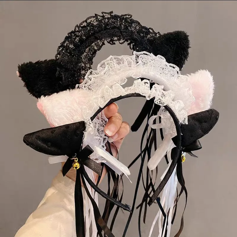 

Gothic Lolita Maid Women Girl's Ruffles Lace Headband Plush Cat Ears Ribbon Bow Bell Lolita Cosplay Hair Hoop Masquerade Party