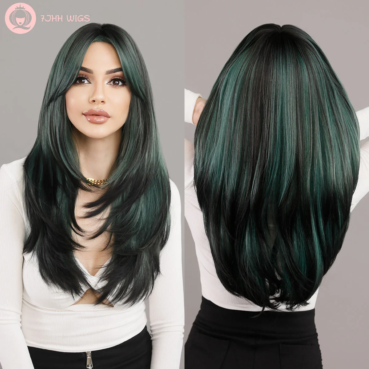 Long Straight Wigs with Curtain Bangs Green Highlight Layered Ombre Wig for Women Synthetic High Density Black Hair End Dye Wig