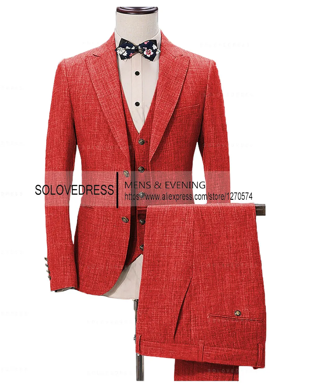 Men's 3-Piece Linen Suit Casual Slim Fit Vintage Suits Groomsmen Tuxedo Wedding Blazer Pants Set 4