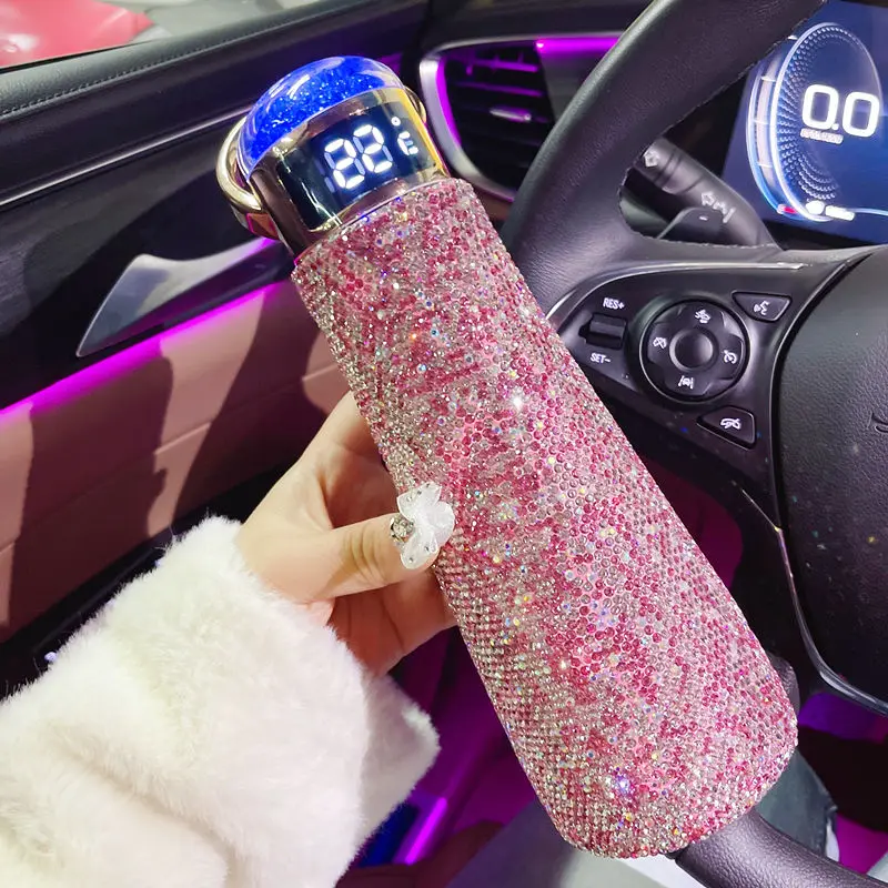 

Bling Smart Thermos Stainless Steel Display Temperature Thermos Mug with Diamonds Outdoor Cute Kettle Girl Kawaii Water Bottle
