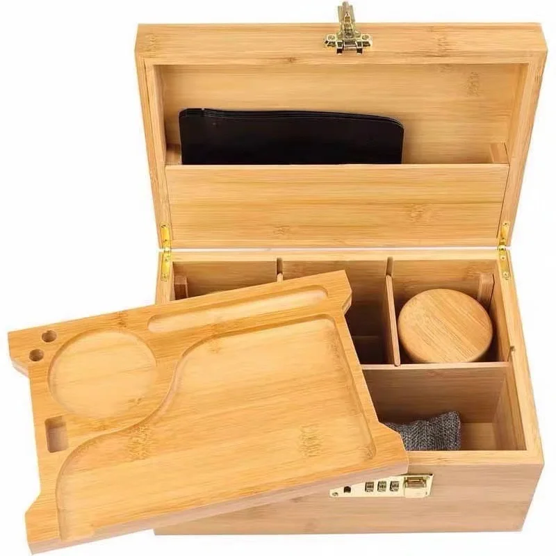 New Bamboo Storage Box with Lock Movable Rolling Tray Tea Cigarettes Operationed Trays Cut Tobacco Reel Handmade Large Stash Kit 5