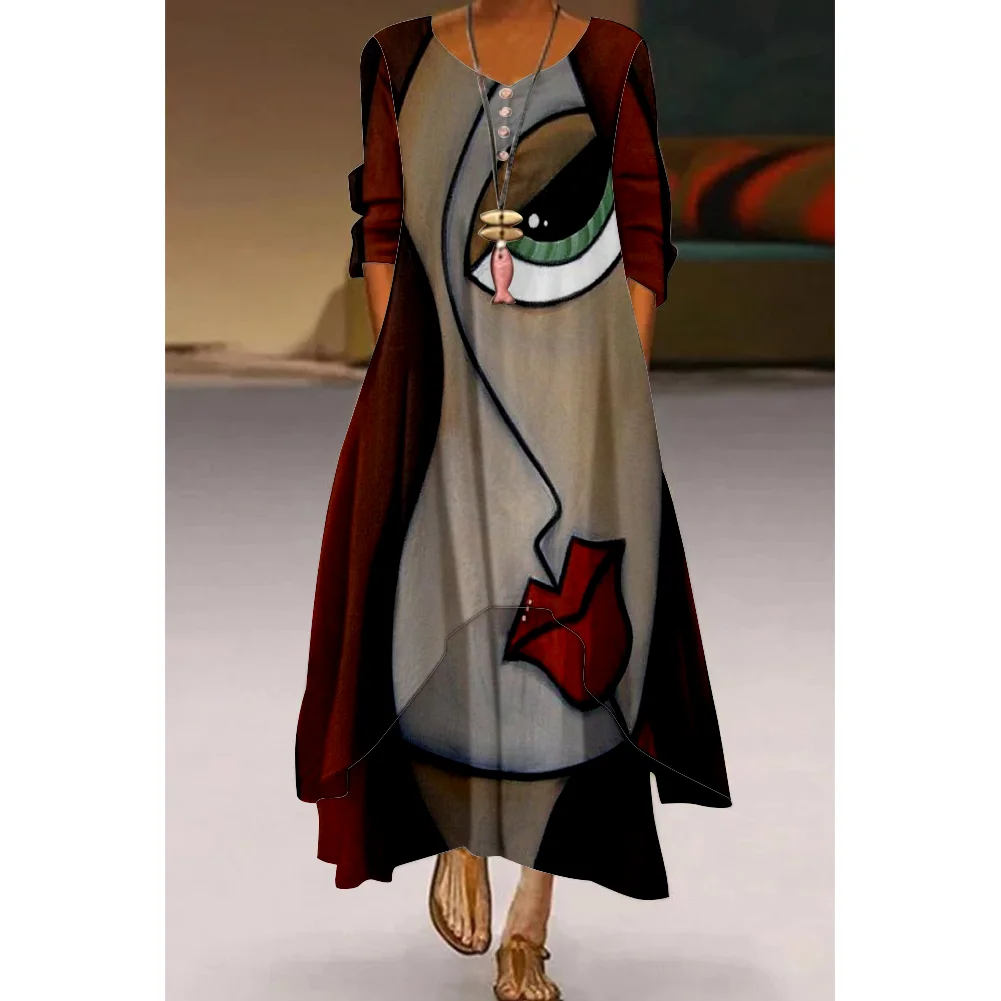 

Spring And Autumn Long Sleeved Dress Knee Length Loose Casual New Intellectual Abstract Paint Slim With Irregular Hem Clothing
