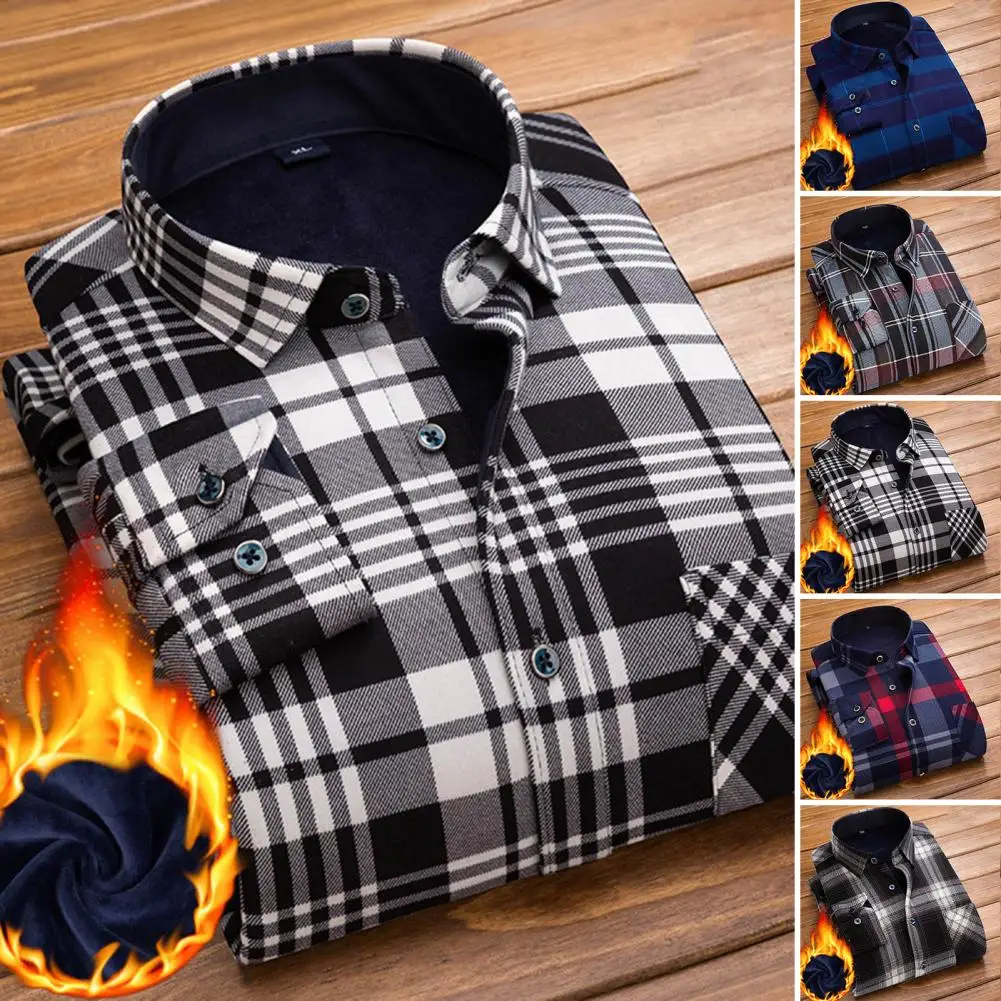 

Men Shirt Plaid Print Long Sleeves Single-breasted Buttons Turn-down Collar Cardigan Single-breasted Men Winter Shirt for Work