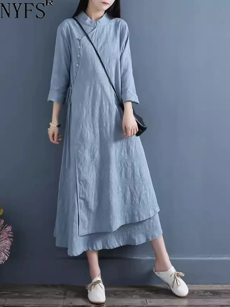 NYFS 2025 Primavera Autunno Nuove Donne Abiti Abiti Robe Elbise Allentato Plus Size Cotone Lino Doppio Strato Abito Lungo 1
