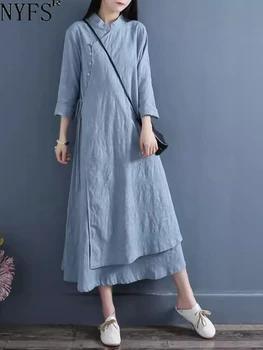 NYFS 2025 Primavera Autunno Nuove Donne Abiti Abiti Robe Elbise Allentato Plus Size Cotone Lino Doppio Strato Abito Lungo 1