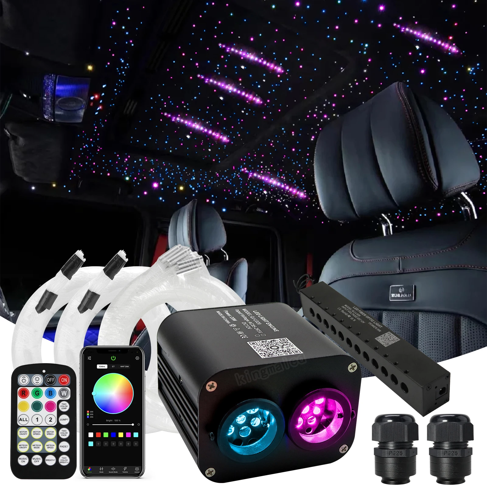 20W Twinkle Car Roof Star Light with RGB Meteor Music APP Control Fiber