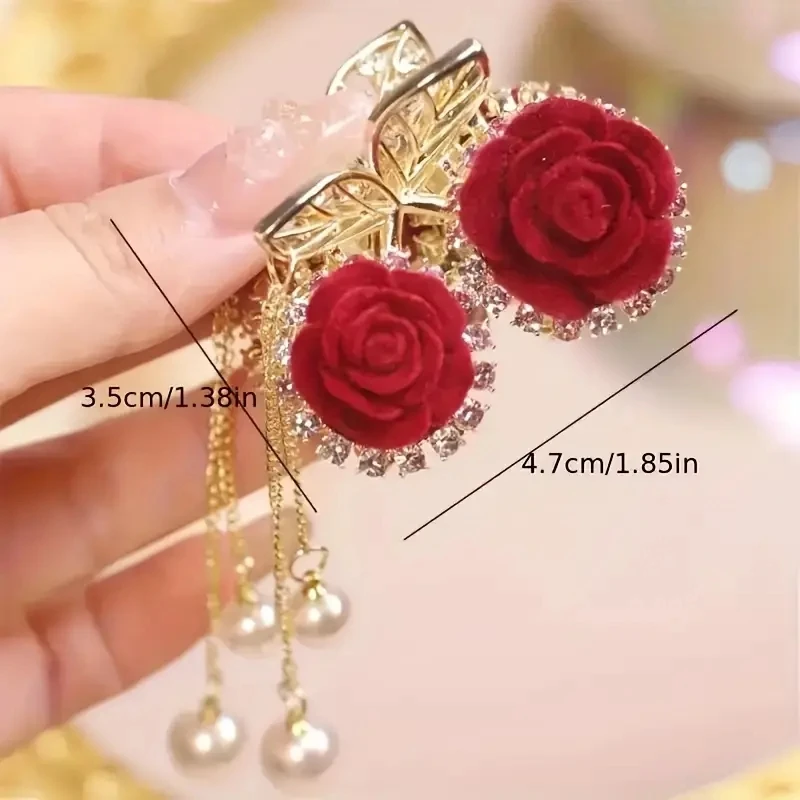1pc Vintage Elegante Rote Beflockte Rose Quaste Haar Clip Stilvolle Pferdeschwanz Klaue Krabben Clip für Mädchen Frauen Zarte Haar zubehör – Detail 7