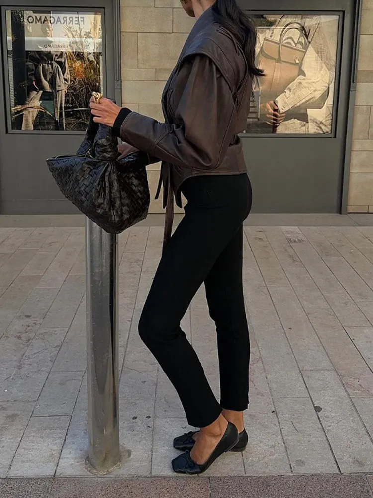 Fashion Leather Woman Short Jacket With Belt Turn Down Collar Long Sleeve Motorcycle Coat Ladies Winter Warm Street Outerwear - Image 4