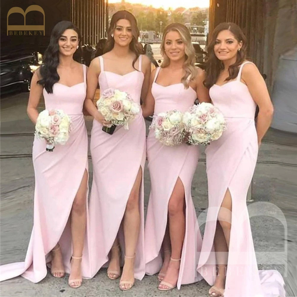 

Blush Satin Dress Wedding Women Spaghetti Straps Side Split Wedding Party Dresses for Bridesmaids Bridesmaid Dress Woman Evening