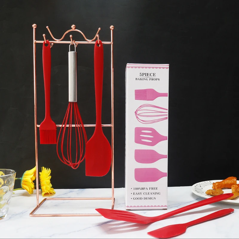 5PCS Silicone Kitchen Cooking Utensils Set Non-Stick Flexible Kitchen Tools With Cake Spatula Whisk Oil Brush And Cooking Shovel