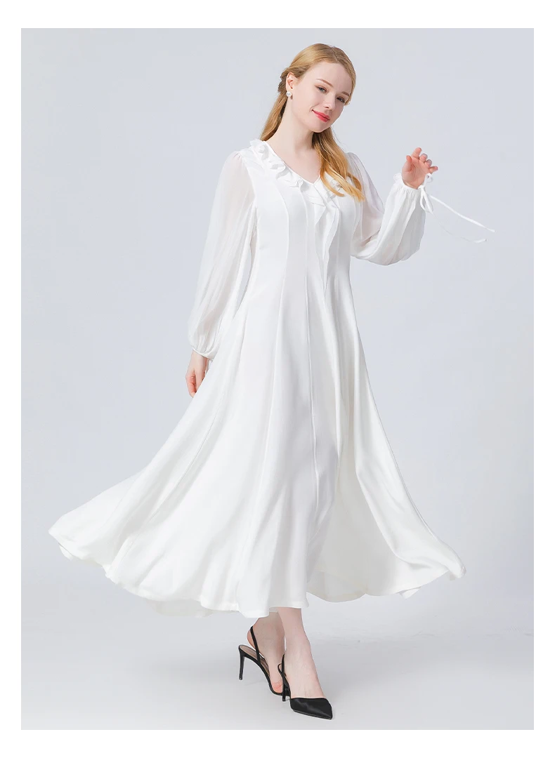 

Silk 30m/m Milk White V-neck Bohemian Maxi Dresses for Women Ruffled Splicing Lace Lantern Long Sleeve Party Dress AE1007