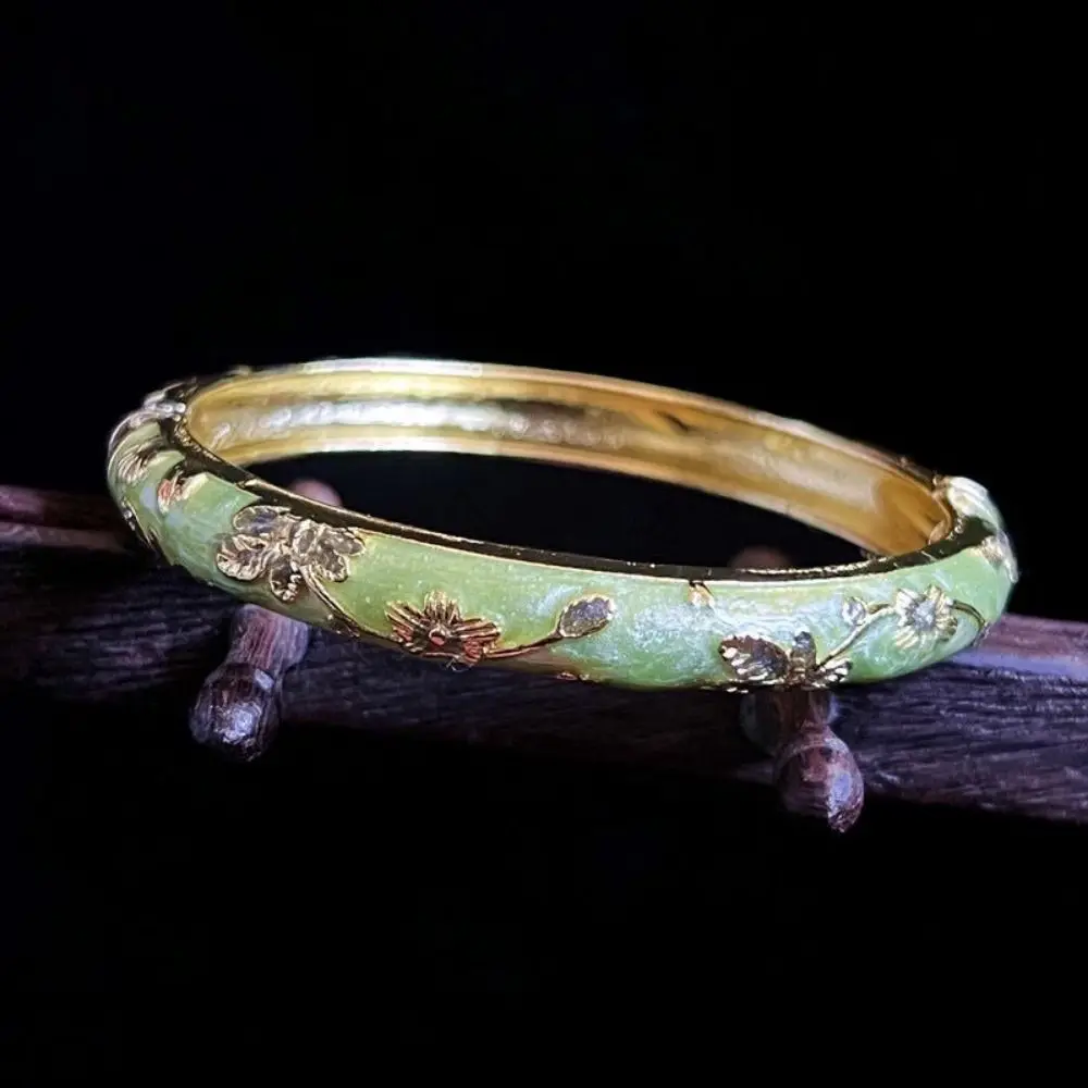 Vintage Classic Women's Enamel Cloisonné Peony Filigree Double Bangle Bracelet