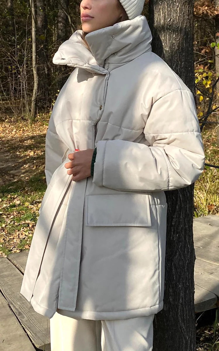 

Warm Women's Winter Parkas 2022 Oversize Straight Thick Button Casual Cotton Padded Coat Soft Beige Jacket with Belt