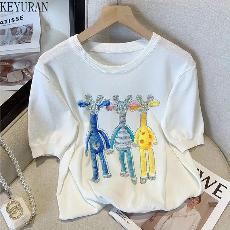 

2023 New Summer White Giraffe Diamonds Knit T Shirts Women Korean Fashion Short Sleeve Sweater Pullover Ladies Knitwear Top Tees