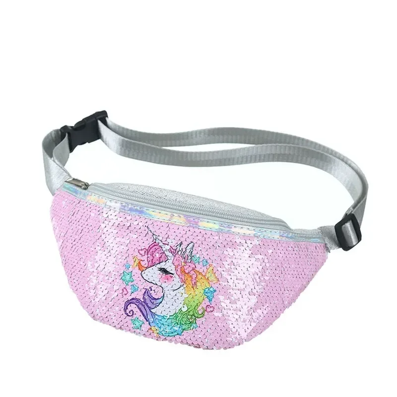 Women Girl Cartoon Unicorn Waist Bag Sequins Print Fashion Fanny Pack Children'S Shoulder Belt Bags Glitter Kids Phone Pouch
