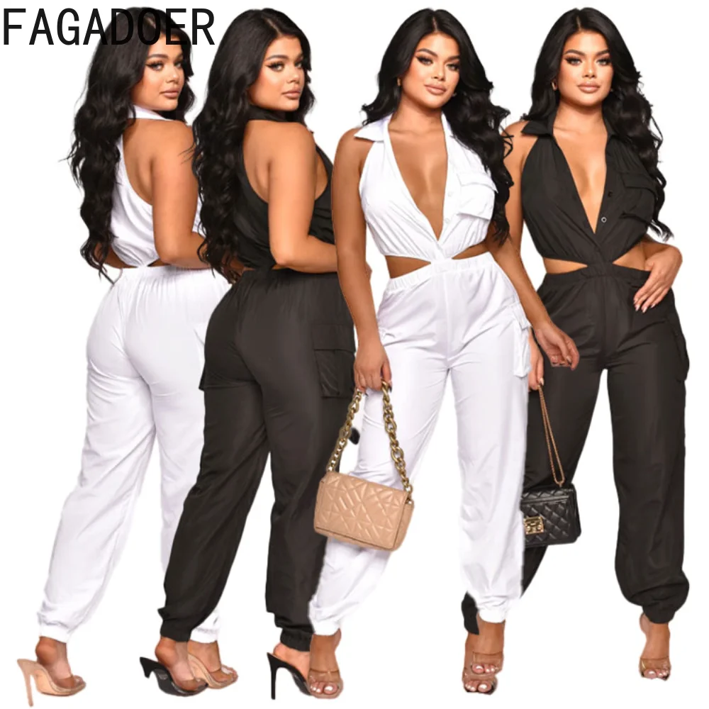 FAGADOER Elegant Jumpsuits Women 2023 Summer Deep V Sexy Women One Pieces Ladies Office Chic Hollow Out Pockets Loose Jumpsuit polka dots print women jumpsuit suspender loose wide leg ladies playsuit sleeveless pockets high waist long rompers dungarees