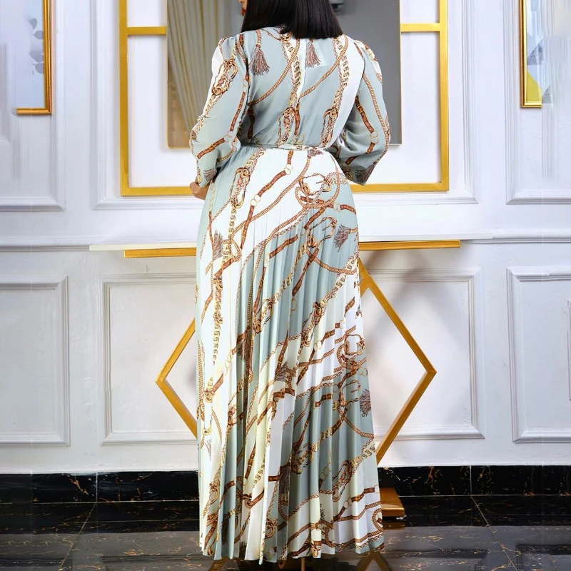 Women's Long Sleeve Muslim Abayat Printed Pleated Abaya with Waistband, Loose Women's Dress, Europe and America, New, 2022
