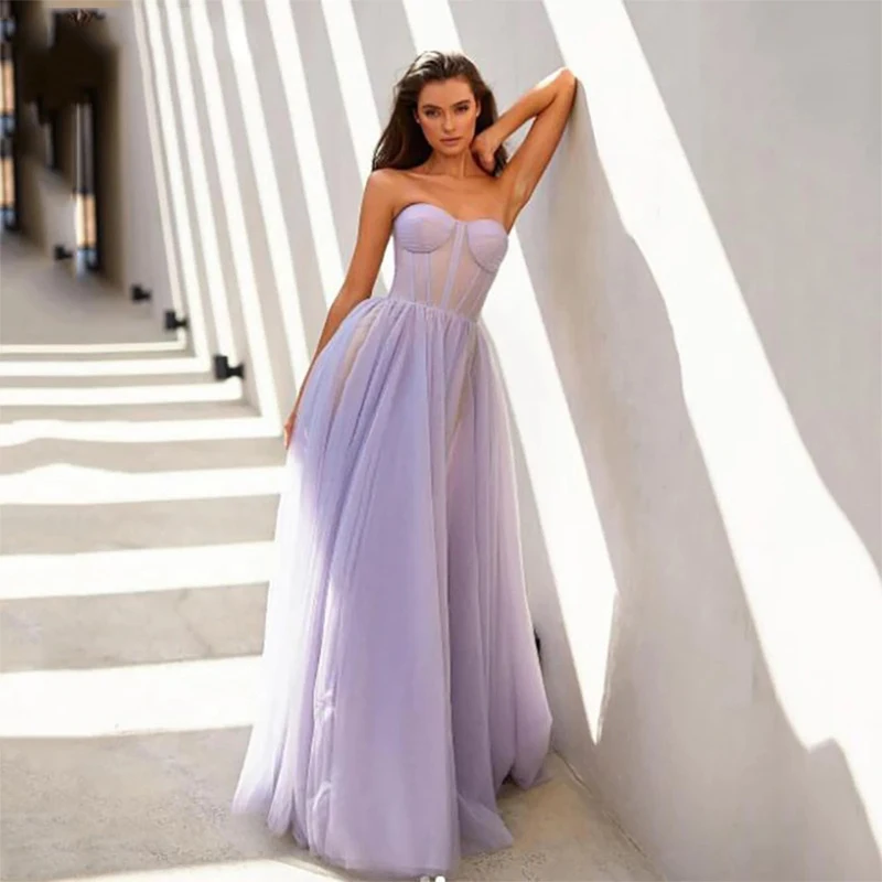 

Lavender Sexy Strapless Tulle Prom Party Dresses for Women Illusion Sweetheart Lace-up Backless Floor Length Evening Dress robes