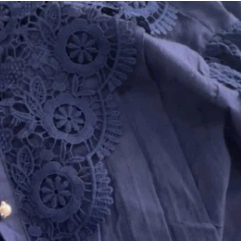 Spring Autumn Hollow Out Lace Blouse Women Chic Button Vintage Shirt Stand Collar Tops All-match Long Puff Sleeve Clothes 12419