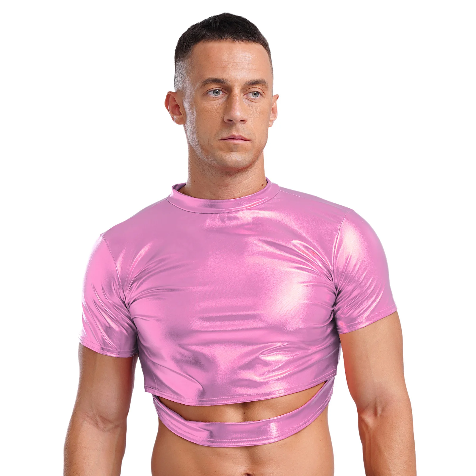Herren Metallic glänzend schlanke Ernte Top Mock Neck Kurzarm aus geschnitten Hemden Tops Mode Blusen für Jazz Dance Disco Party Clubwear – Detail 8