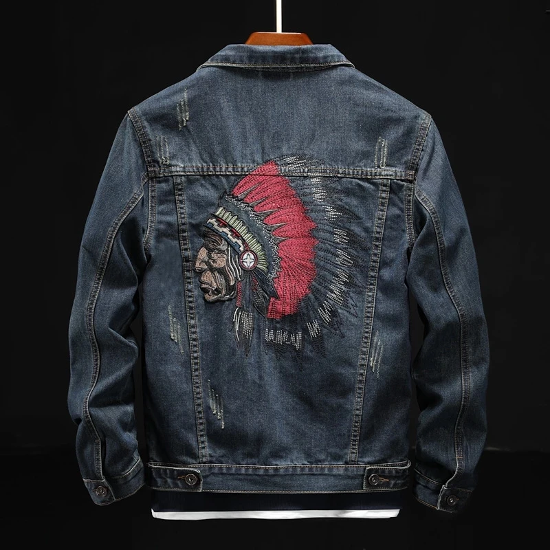 American Retro Denim Jacket Patch Embroidery Motorcycle Distressed Jeans  Coat Men High Street Workwear Zipper Stand Collar Top - AliExpress