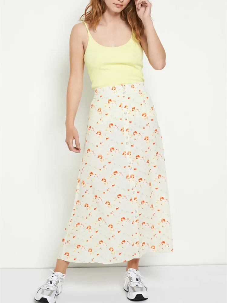 

Women's Skirt 2023 New Floral Print Single Breasted Elastic Waist Prairie Chic Sweet Midi Jupe