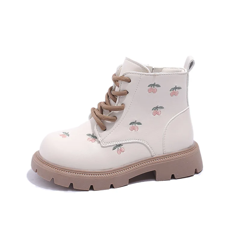 Stivaletti alla caviglia per bambini dolci, con ricamo, in pelle, per bambini, primavera, autunno, moda versatile, con lacci, per ragazze, corti, stivaletti_voghion.com