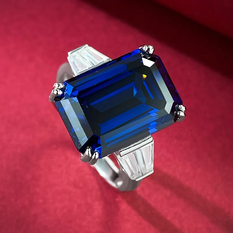 

2023 new S925 silver Emerald cut 10 * 14 royal blue ring cross-border model for women in Europe and America