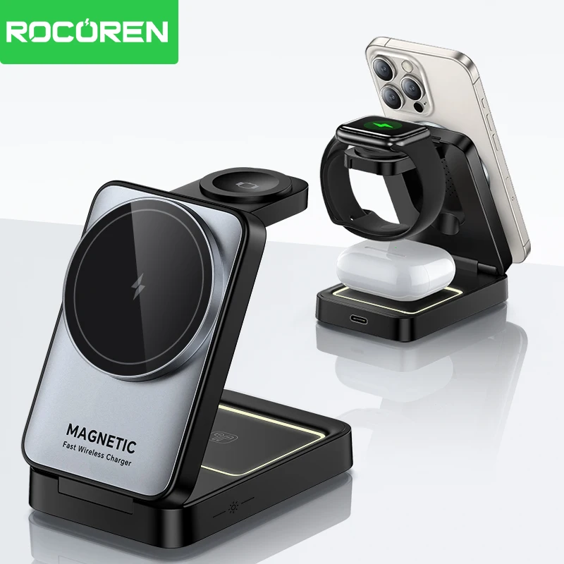Rocoren Folding 3 in 1 Wireless Charging Stand Portable Magnetic Fast charging Station Dock For iPhone 15 14 13 Watch Headphones Best Sellers In Phones Accessories