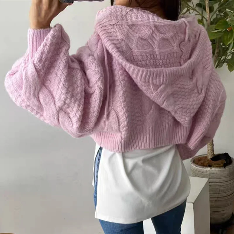 Women Long Sleeve Knitted Sweater Casual Hooded Cardigan