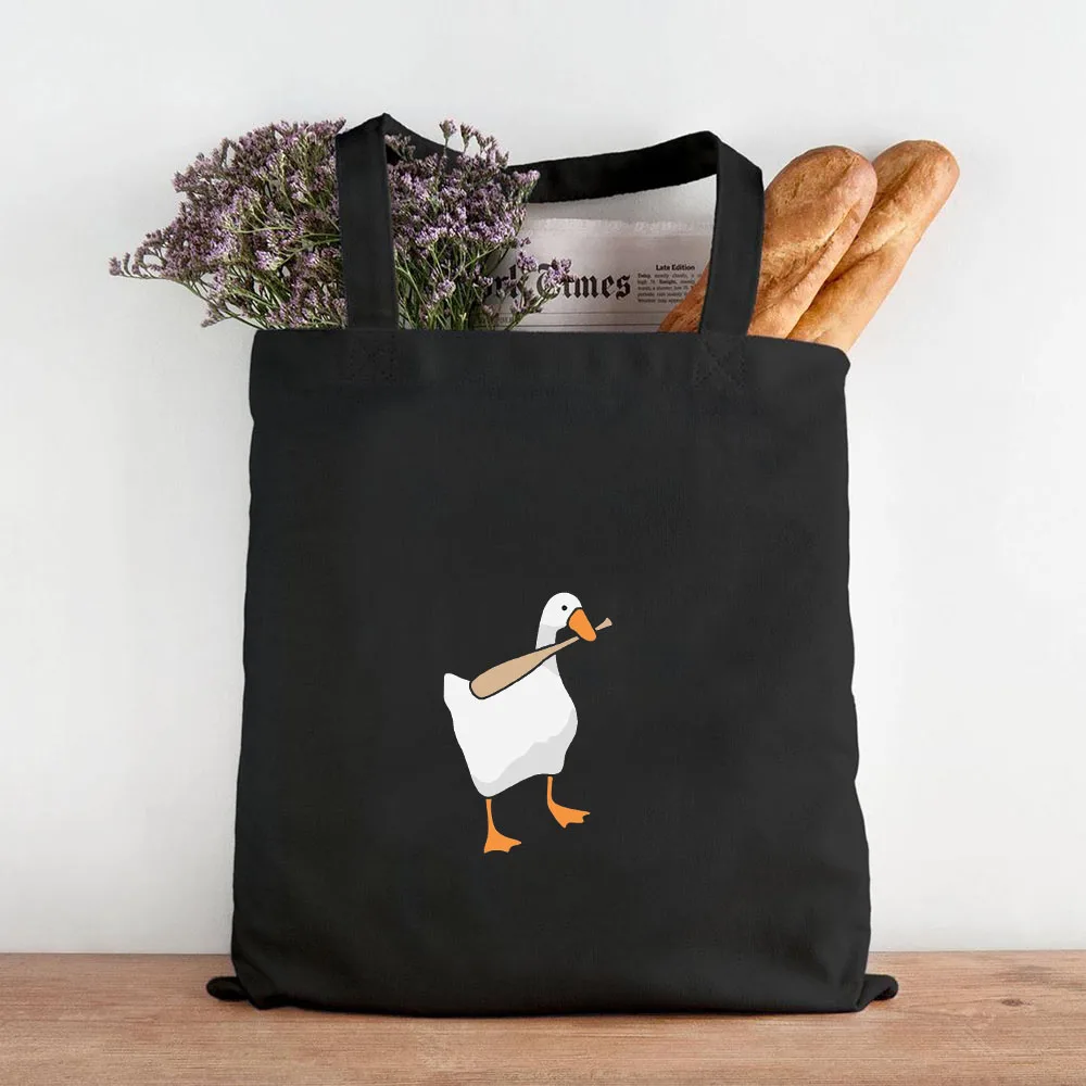 Funny Honk Untitled Goose Game Frog Pingu Duck Cute Cartoon Girl Women Canvas Shoulder Shopping Book Cotton Handbag Eco Tote Bag