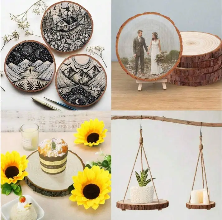 1 세트/10개 10-12cm 원형 소나무 나무 조각 (껍질 포함) 테이블, 파티, 웨딩 장식, DIY 공예, 최고의 생일 선물