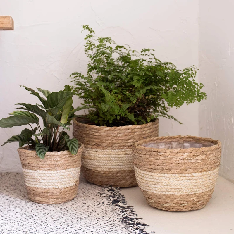 Seagrass Basket Planters Rattan Flower Basket Indoor Outdoor Plant Containers For Modern Home Balcony Garden Kitchen Decor - 2