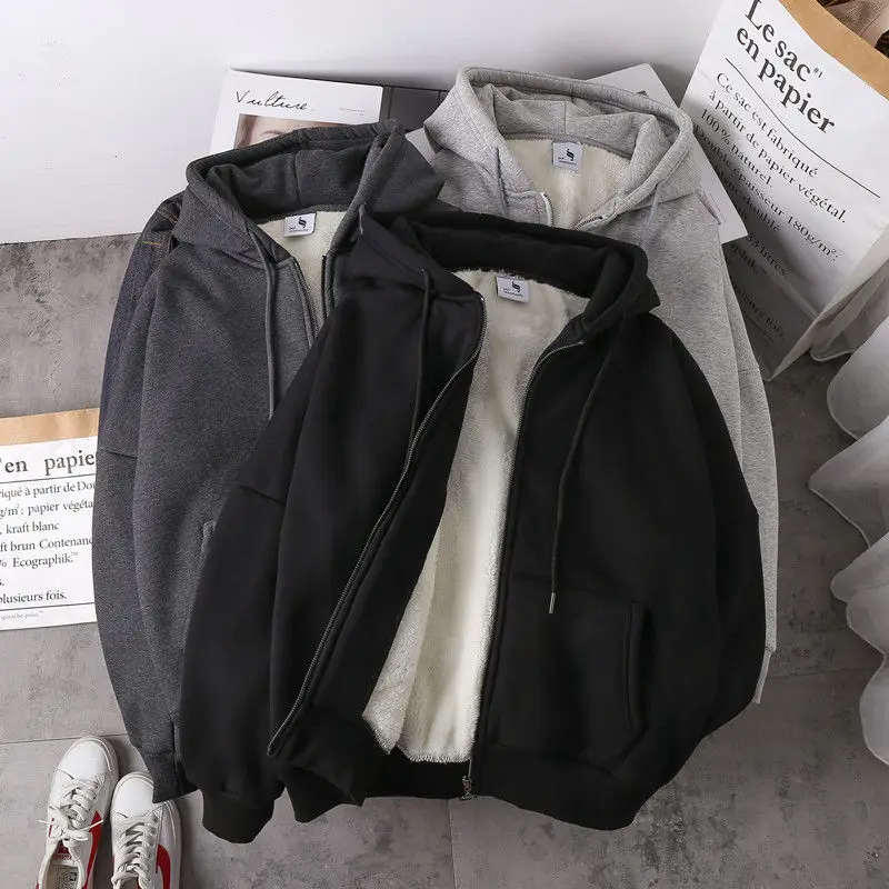 Warm Jacket Women Solid Hoodies Coat Autumn Winter Lamb Wool Fleece Loose Plus Sizes Thick Zipper Female Sweatshirt Grey Black