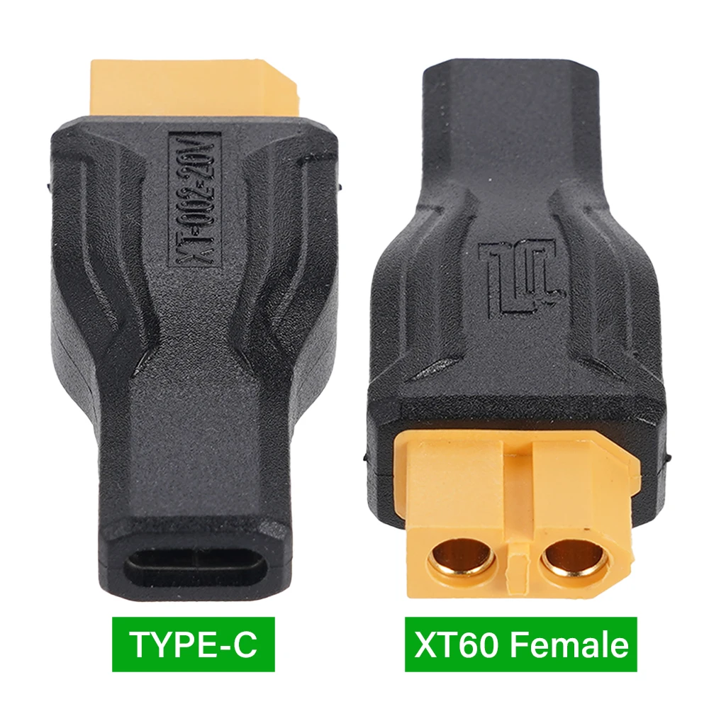 Adaptateur femelle USB-C vers XT60 100W, connecteur haute température, câble PVC noir, vue latérale.