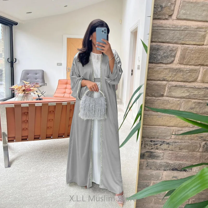 Open Kimono Abaya Shiny Satin Caftan Femme Outfit Turkey Kaftan Kebaya Modest Dubai 2024 Luxury Muslim Women Dress Musulmane - Image 2