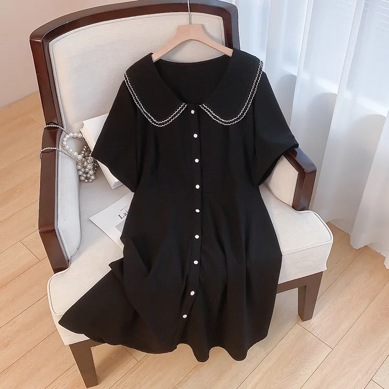 

160Kg Plus Size Women's Bust 160 Summer Loose Double Line Doll Neck Short Sleeve Dress Black 6XL 7XL 8XL 9XL 10XL