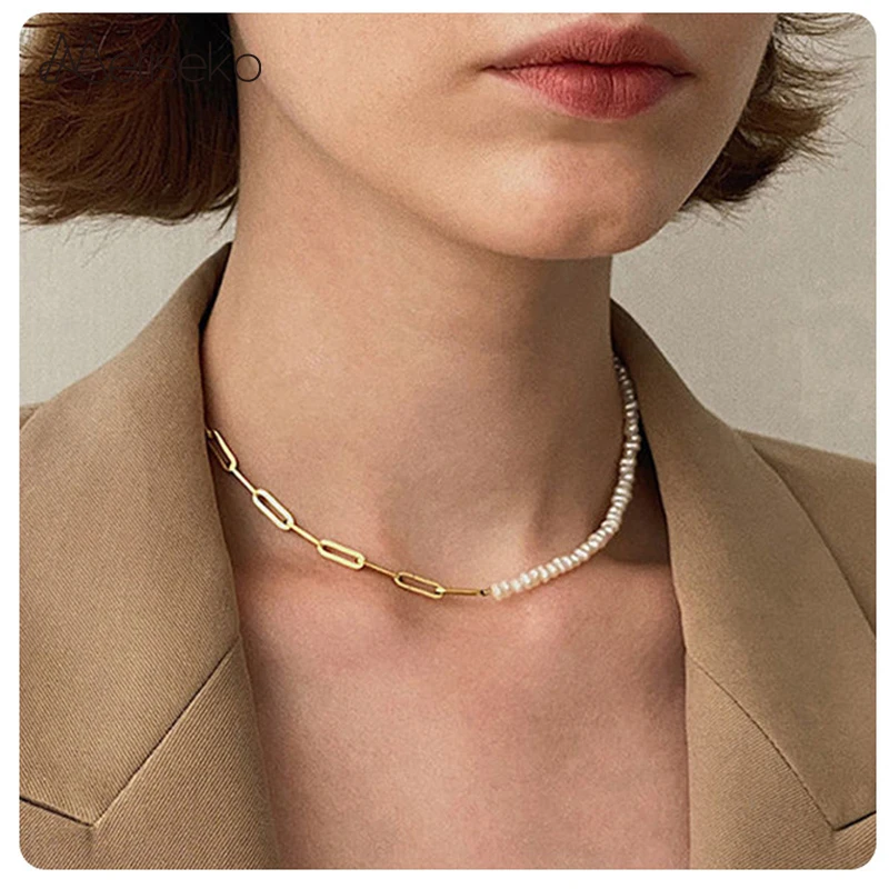 

Metiseko Natural Freshwater Pearl Choker Necklace 925 Sterling Silver Chain Plated 14K Gold 4-5mm Baroque Pearl for Women Party