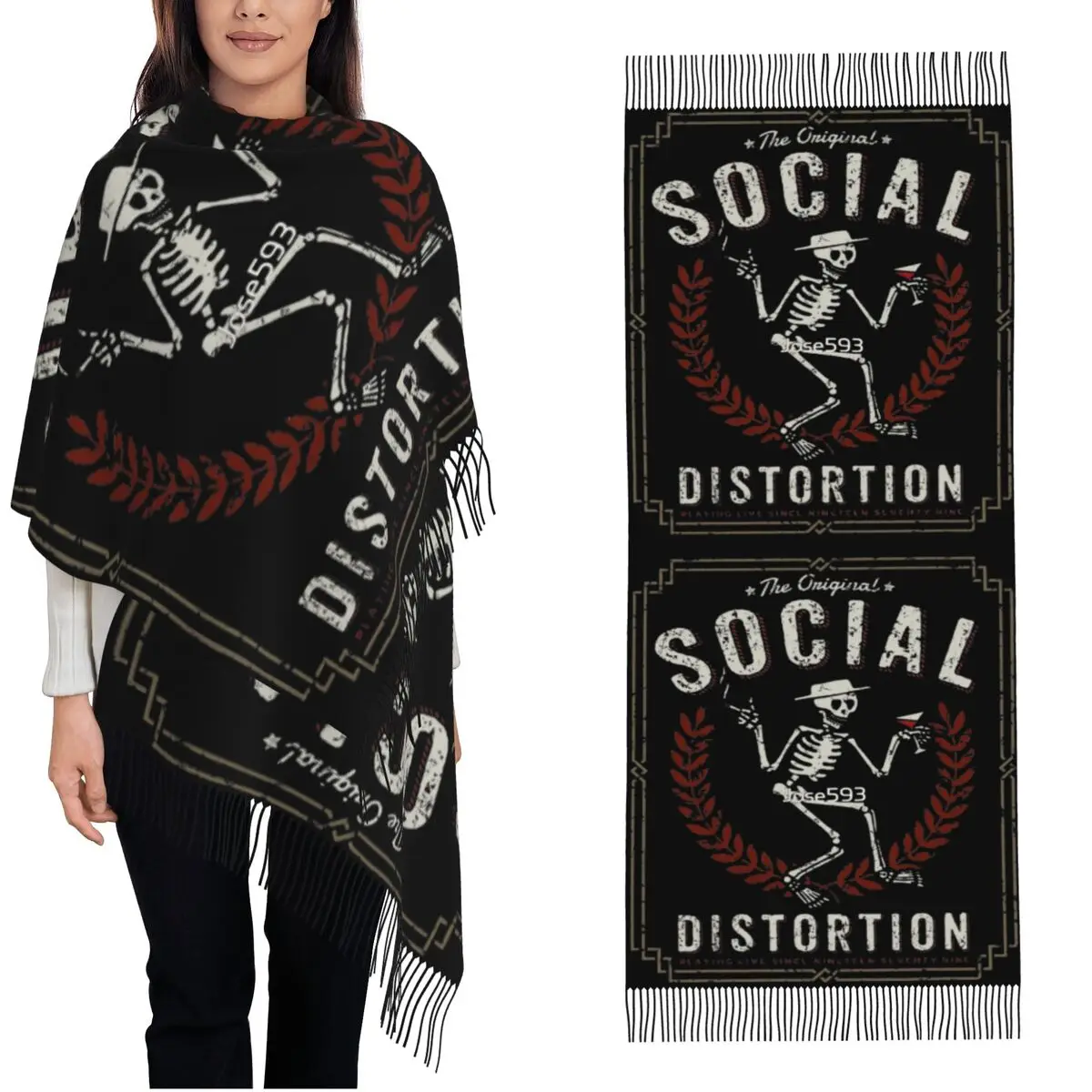 

Womens Scarf with Tassel Social Distortion Music Band Large Winter Fall Shawl Wrap Skeleton Daily Wear Pashmina Scarves