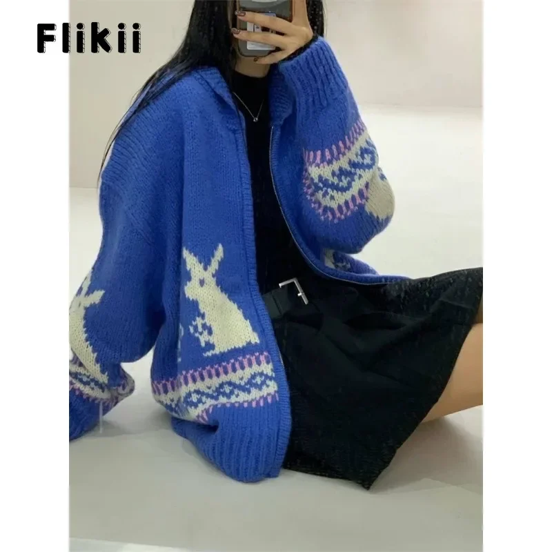 

2023 Winter Fashion Casual Zipper Blue Sweater Women Vintage Printting Jumpers Knitting Long Sleeve V-neck Loose Cardigans