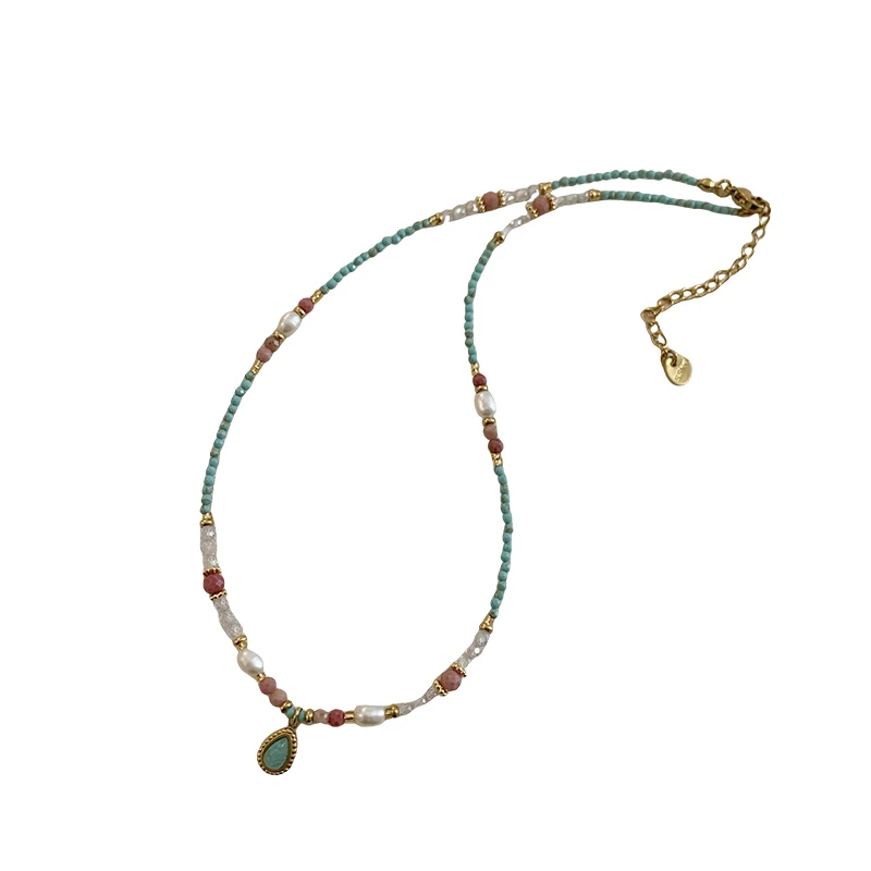 Elegant Water Droplet Pendant Necklace with Natural Stone and Pearl Bead Chain