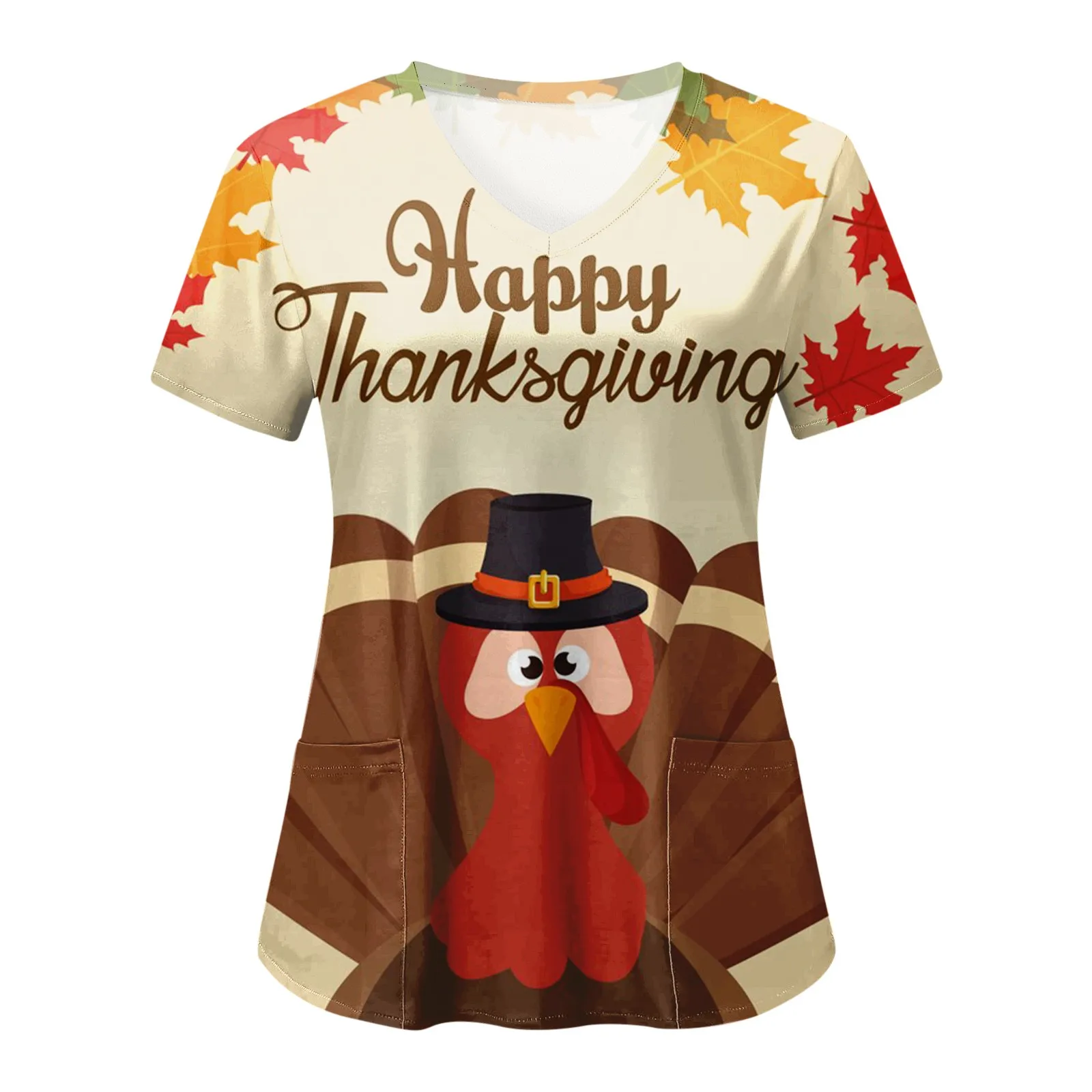 

Униформа для медсестер на День Благодарения, женская, с коротким рукавом и V-образным вырезом, рабочая блузка с карманами, лабораторные комбинезоны, скрабы